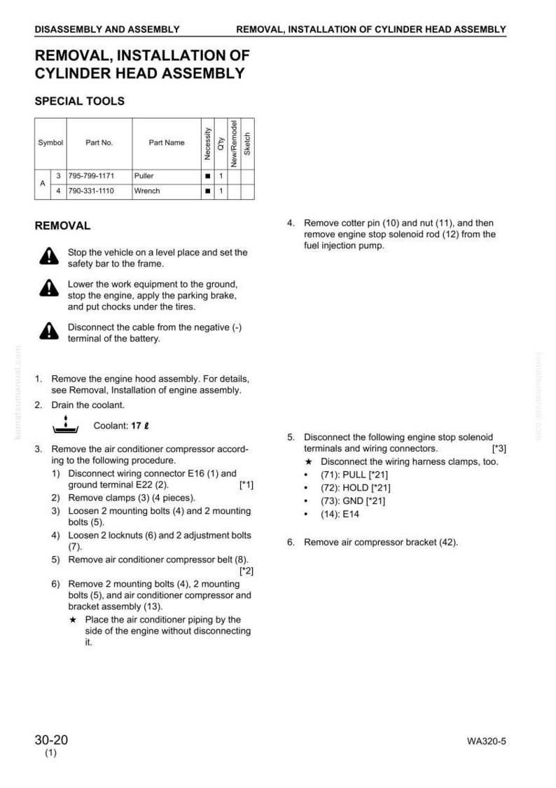 May include: A detailed technical diagram with instructions for removing and installing a cylinder head assembly. The document includes a list of special tools, removal steps, and diagrams. It also includes coolant measurements in liters.