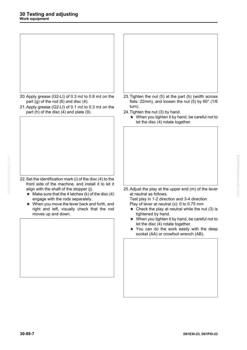 Pode incluir: Uma p&aacute;gina de manual intitulada "Teste e ajuste" com diagramas e instru&ccedil;&otilde;es. O texto inclui etapas para aplicar graxa, apertar porcas e verificar a folga, com medidas em mil&iacute;metros.