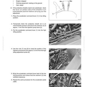 Puede incluir: Diagrama y fotos que ilustran el proceso de ajuste de la carrera de los cables del acelerador. Incluye un diagrama del cable del acelerador y fotos de componentes del motor con etiquetas numeradas.
