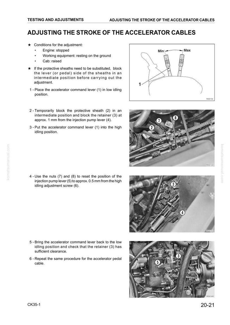 Puede incluir: Diagrama y fotos que ilustran el proceso de ajuste de la carrera de los cables del acelerador. Incluye un diagrama del cable del acelerador y fotos de componentes del motor con etiquetas numeradas.