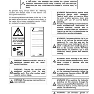 May include: Safety information sheet with warnings and instructions. Includes symbols and text about machine operation, safety, and potential hazards. Features warnings about clothing, operation, and maintenance.
