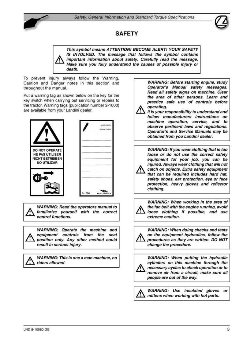 May include: Safety information sheet with warnings and instructions. Includes symbols and text about machine operation, safety, and potential hazards. Features warnings about clothing, operation, and maintenance.