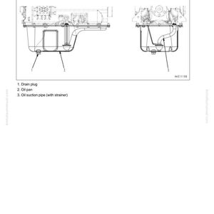 May include: Diagram of an oil pan with a drain plug, oil suction pipe, and strainer. The shape is subject to machine models. The image includes labels for each component.