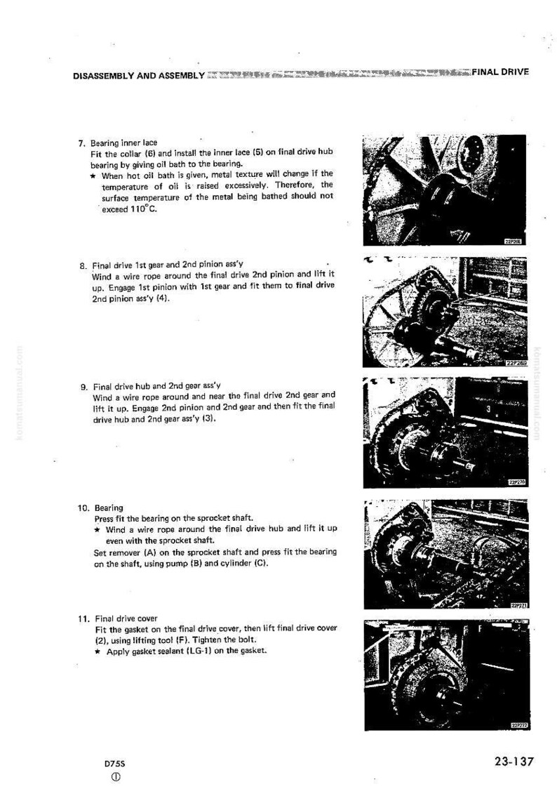 May include: A technical diagram from a manual detailing the disassembly and assembly of a final drive mechanism. The black and white image includes text instructions and corresponding component illustrations.