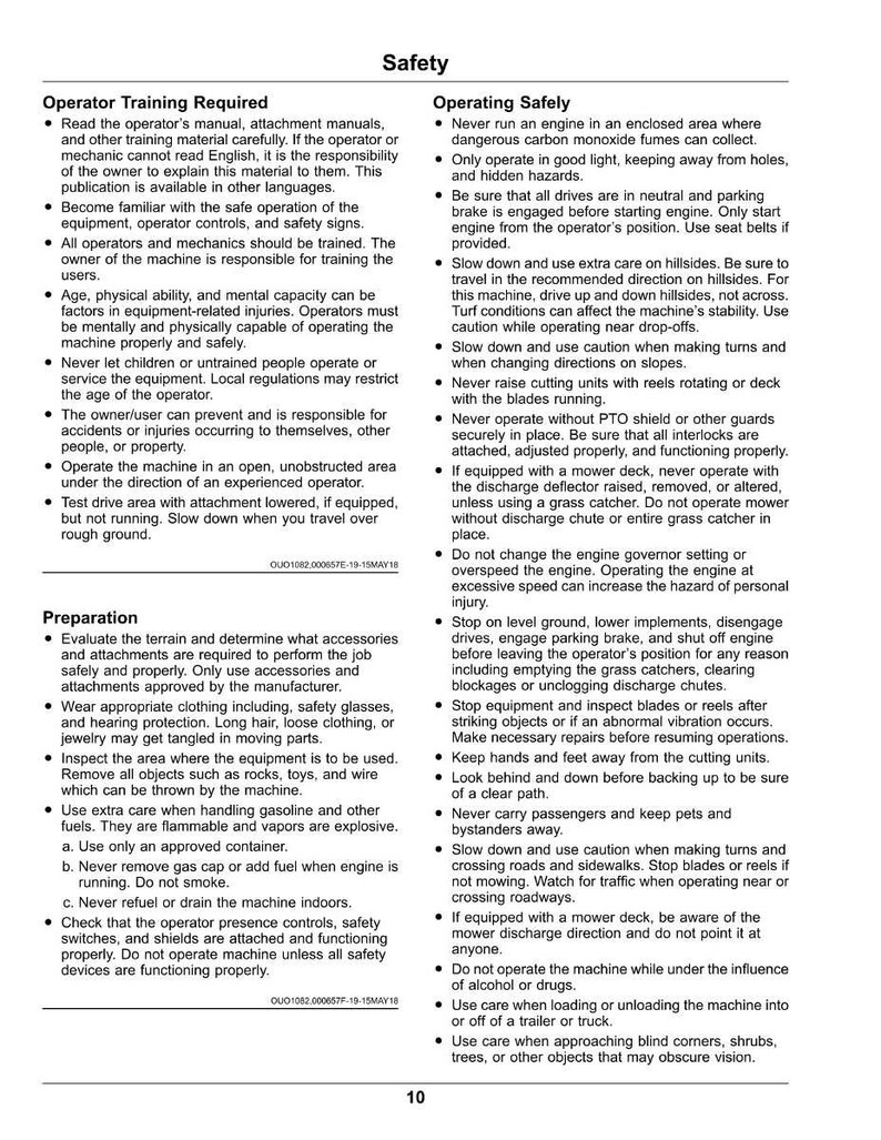 Pu&ograve; includere: Pagina di un manuale di sicurezza con istruzioni per il funzionamento sicuro dei macchinari. Include avvertenze su monossido di carbonio, pendii e unit&agrave; di taglio. Include anche istruzioni di preparazione e formazione.
