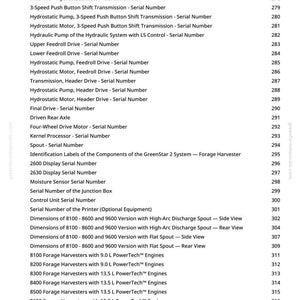 K&ouml;nnte beinhalten: Ein detailliertes Inhaltsverzeichnis aus einem Handbuch, das verschiedene Komponenten und Spezifikationen f&uuml;r Landmaschinen auflistet. Der Text enth&auml;lt Seriennummern, Abmessungen und Motordetails f&uuml;r Feldh&auml;cksler und zugeh&ouml;rige Ausr&uuml;stung.