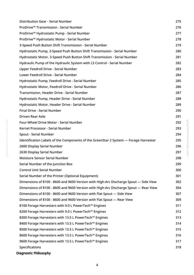 K&ouml;nnte beinhalten: Ein detailliertes Inhaltsverzeichnis aus einem Handbuch, das verschiedene Komponenten und Spezifikationen f&uuml;r Landmaschinen auflistet. Der Text enth&auml;lt Seriennummern, Abmessungen und Motordetails f&uuml;r Feldh&auml;cksler und zugeh&ouml;rige Ausr&uuml;stung.