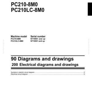 May include: Shop manual for a hydraulic excavator. The cover displays the text "SHOP MANUAL" and "HYDRAULIC EXCAVATOR". It lists machine models PC210-8M0 and PC210LC-8M0, with serial numbers. The manual includes 90 diagrams and drawings, plus 200 electrical diagrams.