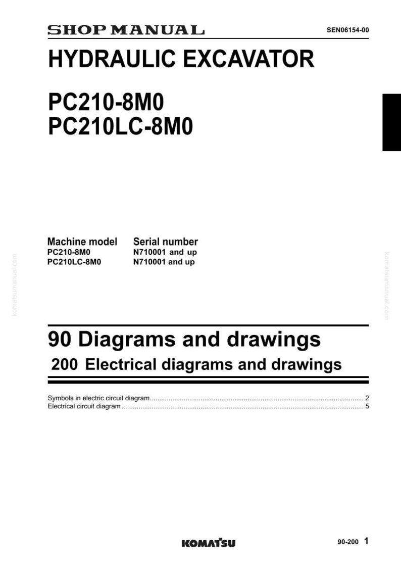 May include: Shop manual for a hydraulic excavator. The cover displays the text "SHOP MANUAL" and "HYDRAULIC EXCAVATOR". It lists machine models PC210-8M0 and PC210LC-8M0, with serial numbers. The manual includes 90 diagrams and drawings, plus 200 electrical diagrams.