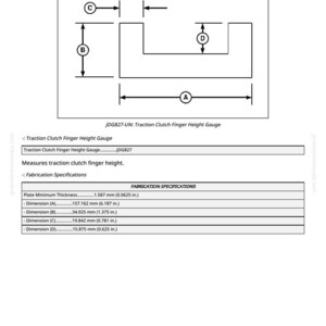 May include: Diagram of a Traction Clutch Finger Height Gauge, with dimensions in inches and millimeters. The gauge measures traction clutch finger height. Includes fabrication specifications with measurements.