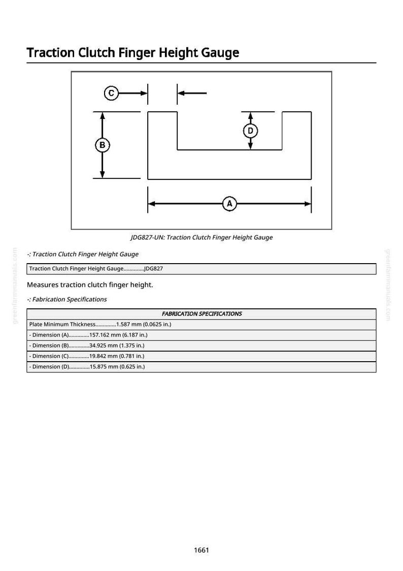 May include: Diagram of a Traction Clutch Finger Height Gauge, with dimensions in inches and millimeters. The gauge measures traction clutch finger height. Includes fabrication specifications with measurements.