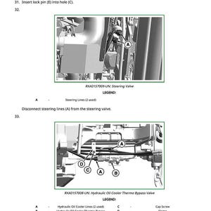 May include: Diagram of mechanical components with labels and instructions. Includes images of a steering valve and a hydraulic oil cooler thermo bypass valve. Text instructions detail steps for maintenance and repair.