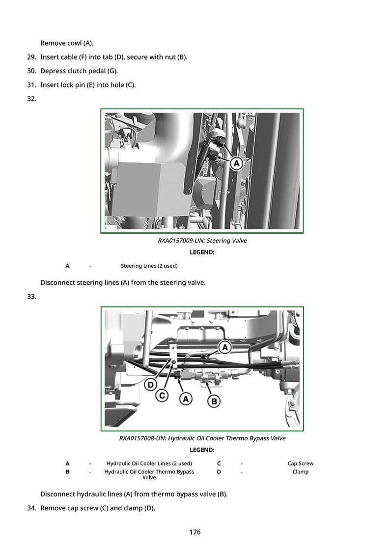 May include: Diagram of mechanical components with labels and instructions. Includes images of a steering valve and a hydraulic oil cooler thermo bypass valve. Text instructions detail steps for maintenance and repair.