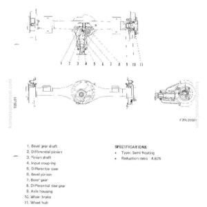 May include: Diagram of a front axle assembly, labeled with part names and specifications. The image includes multiple views of the axle, with detailed internal components and a reduction ratio of 4.875.