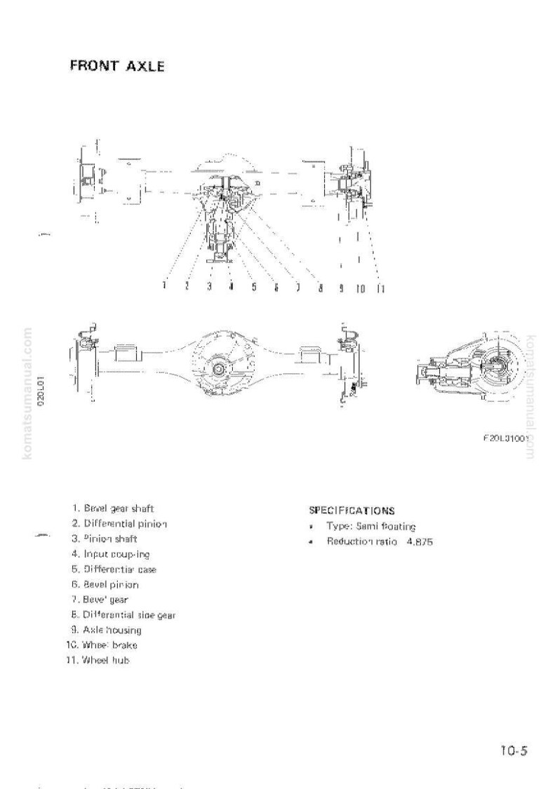 May include: Diagram of a front axle assembly, labeled with part names and specifications. The image includes multiple views of the axle, with detailed internal components and a reduction ratio of 4.875.