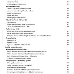 Op de afbeelding: Een witte pagina met een gedetailleerde inhoudsopgave, met verschillende onderwerpen over landbouwapparatuur. De tekst bevat termen als "Afstellen van de meetwiel", "Bedradingsschema's" en "Blokkeringssystemen", met bijbehorende paginanummers.