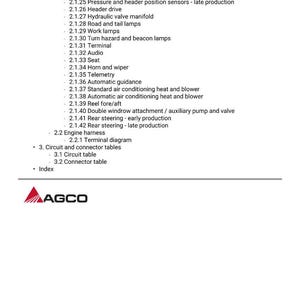 May include: A white document listing vehicle components such as cooling fans, lights, and steering systems. The AGCO logo is at the bottom.