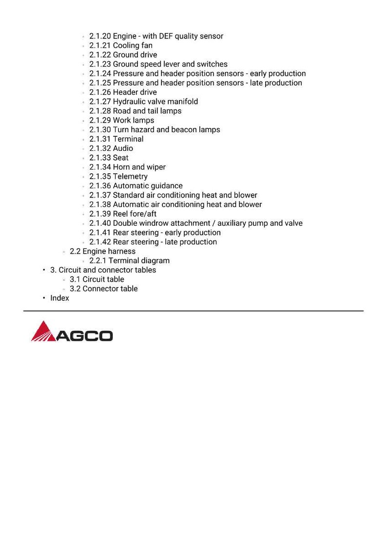 May include: A white document listing vehicle components such as cooling fans, lights, and steering systems. The AGCO logo is at the bottom.