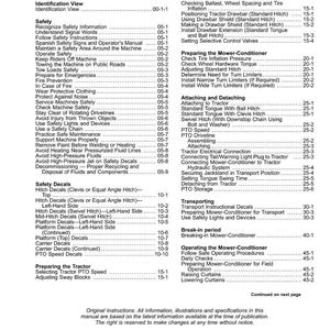 May include: A detailed table of contents from a manual, featuring a list of safety guidelines, operational instructions, and maintenance procedures. The document includes page numbers for easy navigation and is designed for machinery operation.
