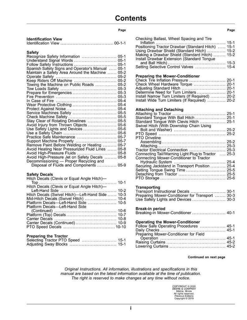 May include: A detailed table of contents from a manual, featuring a list of safety guidelines, operational instructions, and maintenance procedures. The document includes page numbers for easy navigation and is designed for machinery operation.