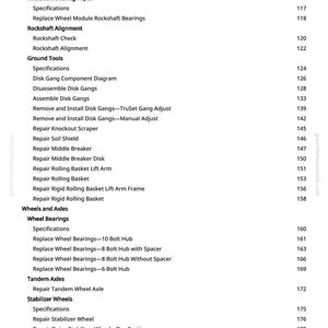 May include: A detailed table of contents from a manual, featuring various repair and maintenance topics. The text is black on a white background, with section titles like "Rockshaft Bearing Repair" and "Wheel Bearings". Page numbers are visible.