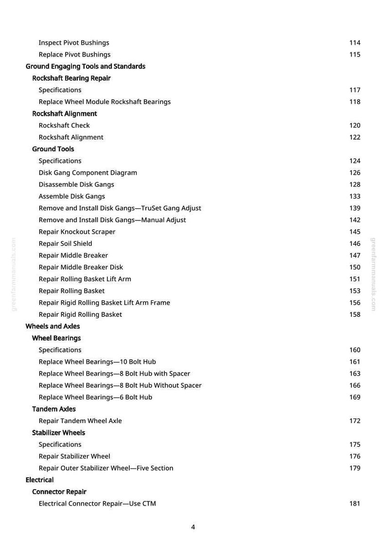 May include: A detailed table of contents from a manual, featuring various repair and maintenance topics. The text is black on a white background, with section titles like "Rockshaft Bearing Repair" and "Wheel Bearings". Page numbers are visible.