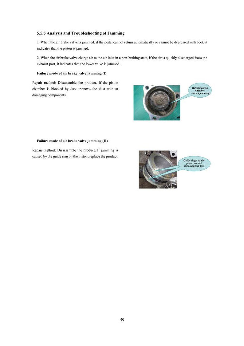 May include: Technical diagram illustrating air brake valve jamming issues. Includes close-up photos of components with labels like "Die inside the chamber causes jamming" and "Guide rings on the piston are not installed properly."