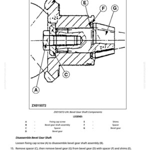 May include: Technical diagram illustrating a bevel gear shaft assembly, with labels and annotations. Components include a fixing cap screw, bevel gear shaft assembly, spacer, and bevel gear. The diagram also has a legend and disassembly instructions.