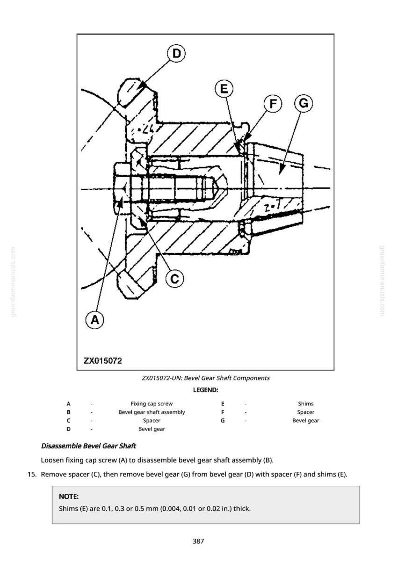 May include: Technical diagram illustrating a bevel gear shaft assembly, with labels and annotations. Components include a fixing cap screw, bevel gear shaft assembly, spacer, and bevel gear. The diagram also has a legend and disassembly instructions.