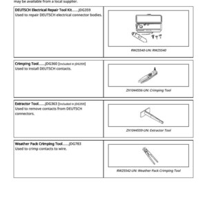 Pu&ograve; includere: Pagina di un manuale che mostra gli strumenti consigliati per la riparazione elettrica. Include un kit di attrezzi per la riparazione elettrica DEUTSCH, una pinza crimpatrice, un estrattore e una pinza crimpatrice Weather Pack. Ogni strumento &egrave; descritto con il codice.