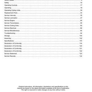 May include: A printed manual page headed "Contents" with a list of topics and page numbers. Topics include "Operating Controls," "Service Engine," and "Troubleshooting." The bottom of the page includes copyright information.
