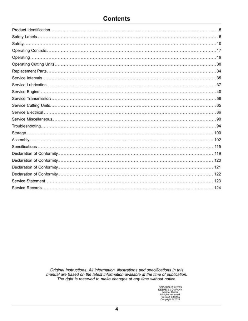 May include: A printed manual page headed "Contents" with a list of topics and page numbers. Topics include "Operating Controls," "Service Engine," and "Troubleshooting." The bottom of the page includes copyright information.