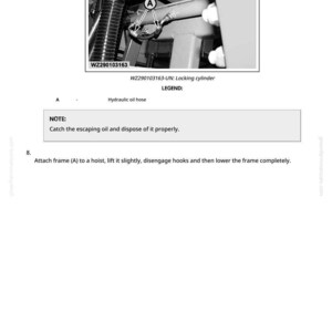 May include: Black and white diagram of a locking cylinder with a hydraulic oil hose. The image includes the text "WZ290103163-UN: Locking cylinder" and a note to catch escaping oil. The diagram is part of a larger technical manual.