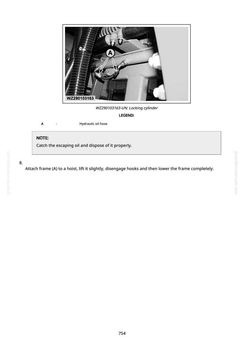 May include: Black and white diagram of a locking cylinder with a hydraulic oil hose. The image includes the text "WZ290103163-UN: Locking cylinder" and a note to catch escaping oil. The diagram is part of a larger technical manual.
