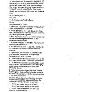 May include: Technical document titled "Cylinder Block Assembly 16" detailing the use of a "Flex-Hone" tool to remove glaze from an engine bore. Includes safety advice and operational steps. Dated April 1995.