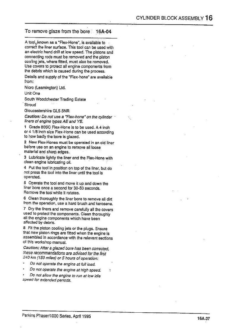 May include: Technical document titled "Cylinder Block Assembly 16" detailing the use of a "Flex-Hone" tool to remove glaze from an engine bore. Includes safety advice and operational steps. Dated April 1995.