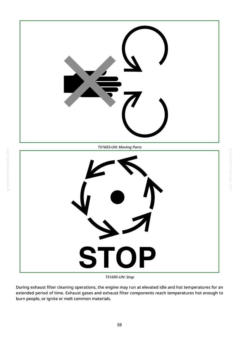 May include: Two safety warning signs. The top sign shows a hand with a cross through it, with arrows. The bottom sign has the word STOP in large letters, with arrows pointing towards a central dot. The text "TS1693-UN: Moving Parts" and "TS1695-UN: Stop" are also present.