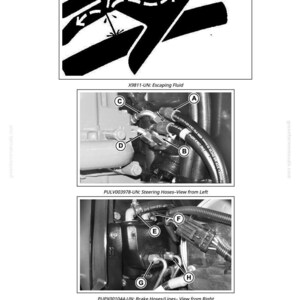 May include: Technical diagrams illustrating automotive components. The image includes a diagram of escaping fluid, steering hoses, and brake hoses. Each diagram is labeled with text and lettered callouts for reference.