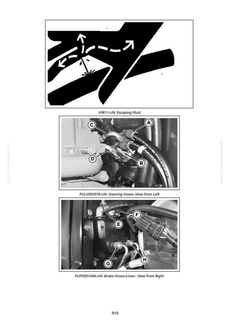 May include: Technical diagrams illustrating automotive components. The image includes a diagram of escaping fluid, steering hoses, and brake hoses. Each diagram is labeled with text and lettered callouts for reference.