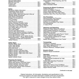 May include: A page from an operator's manual, titled "Contents," with a detailed table of contents. The manual covers safety, operation, and maintenance of agricultural equipment, including safety signs and decals.