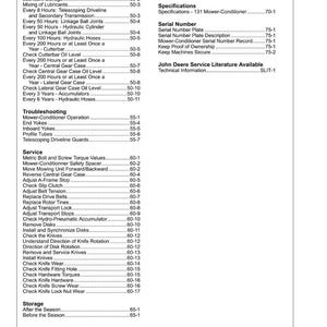 May include: A contents page from a manual, detailing maintenance and service procedures for a mower-conditioner. Sections include lubrication, troubleshooting, and storage, with corresponding page numbers.
