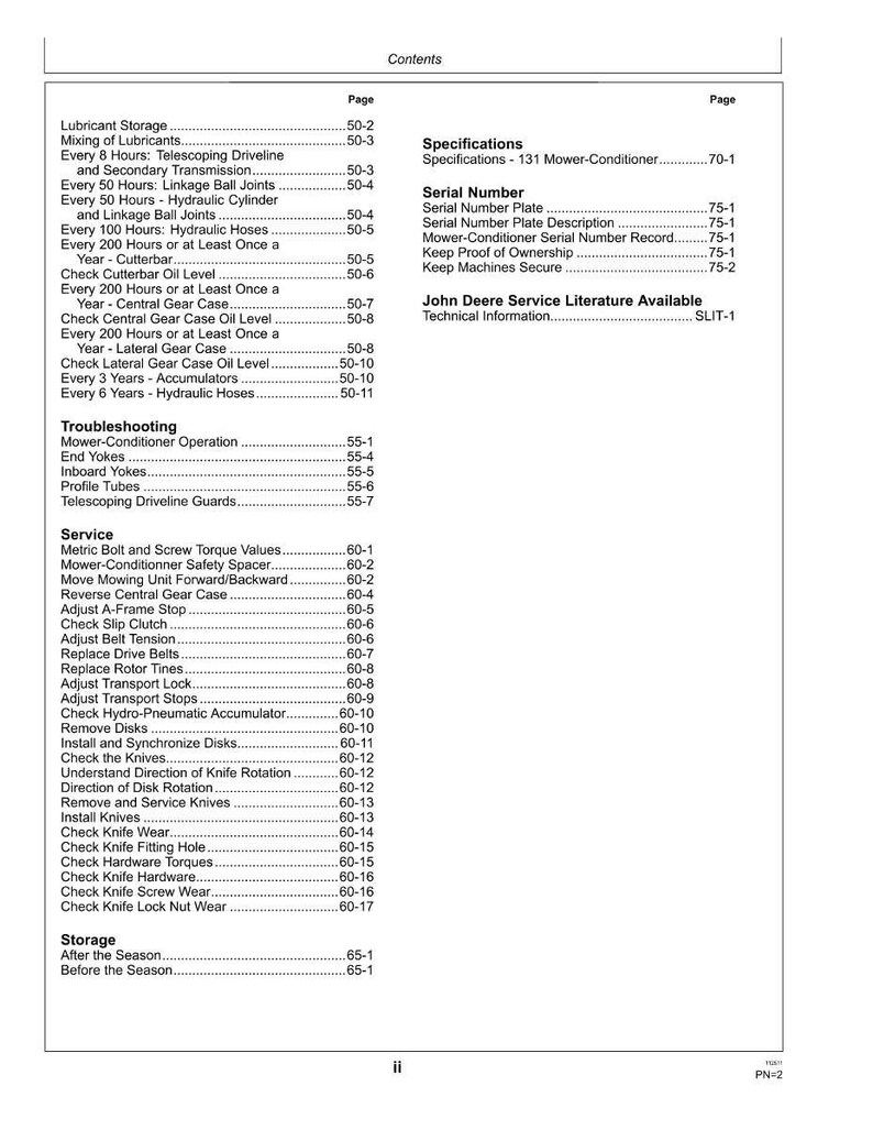 May include: A contents page from a manual, detailing maintenance and service procedures for a mower-conditioner. Sections include lubrication, troubleshooting, and storage, with corresponding page numbers.