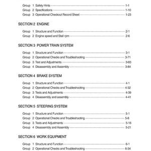 May include: A white document titled "CONTENTS" with a list of sections and groups, including "GENERAL", "ENGINE", "POWER TRAIN SYSTEM", "BRAKE SYSTEM", "STEERING SYSTEM", and "WORK EQUIPMENT". Each section lists groups with page numbers.