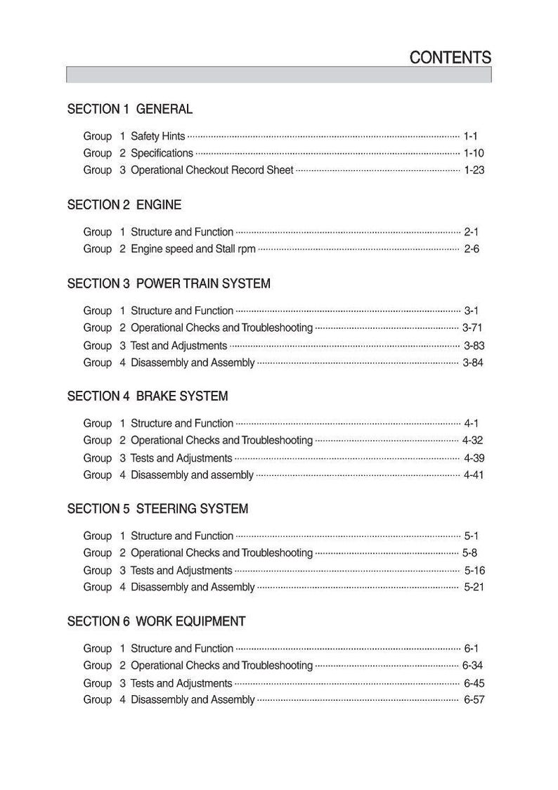 May include: A white document titled "CONTENTS" with a list of sections and groups, including "GENERAL", "ENGINE", "POWER TRAIN SYSTEM", "BRAKE SYSTEM", "STEERING SYSTEM", and "WORK EQUIPMENT". Each section lists groups with page numbers.