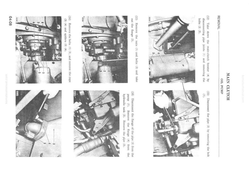 May include: A monochrome technical diagram illustrating the main clutch oil pump, with numbered parts and instructions. The text includes "Removal" and "Main Clutch Oil Pump".