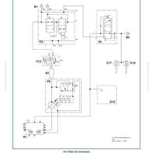 K&ouml;nnte beinhalten: Schematische Darstellung eines hydraulischen Servicebremssystems. Das Diagramm zeigt verschiedene Komponenten wie Ventile, Zylinder und Leitungen, gekennzeichnet mit Bezeichnungen wie B1, V8 und G3. Der Text "Service Brakes - Hydraulic - Schematic" ist oben.