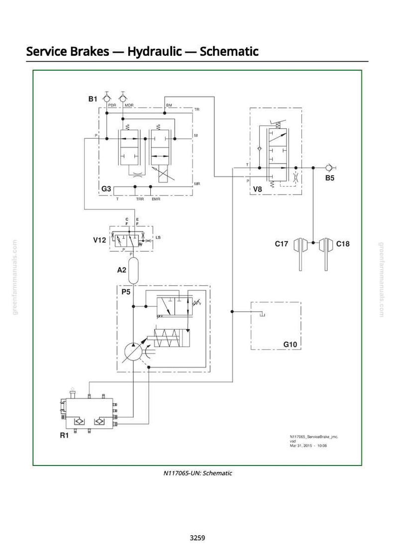 K&ouml;nnte beinhalten: Schematische Darstellung eines hydraulischen Servicebremssystems. Das Diagramm zeigt verschiedene Komponenten wie Ventile, Zylinder und Leitungen, gekennzeichnet mit Bezeichnungen wie B1, V8 und G3. Der Text "Service Brakes - Hydraulic - Schematic" ist oben.
