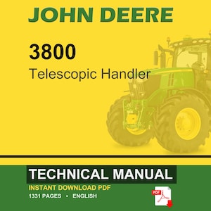 K&ouml;nnte beinhalten: Ein John Deere 3800 Telescopic Handler Traktor vor gelbem Hintergrund. Das Bild enth&auml;lt den Text "Technisches Handbuch" und "Sofort-Download PDF". Der Traktor ist gr&uuml;n und gelb.