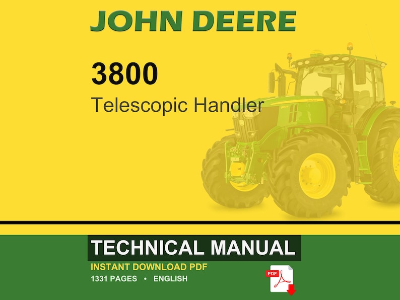 K&ouml;nnte beinhalten: Ein John Deere 3800 Telescopic Handler Traktor vor gelbem Hintergrund. Das Bild enth&auml;lt den Text "Technisches Handbuch" und "Sofort-Download PDF". Der Traktor ist gr&uuml;n und gelb.