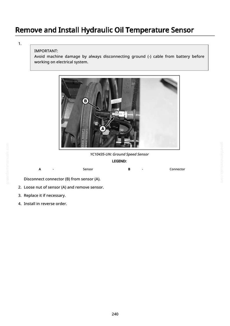 Peut inclure: Diagramme en noir et blanc montrant le retrait et l'installation d'un capteur de temp&eacute;rature d'huile hydraulique. L'image comprend un gros plan du capteur et du connecteur, &eacute;tiquet&eacute;s A et B, avec des instructions.